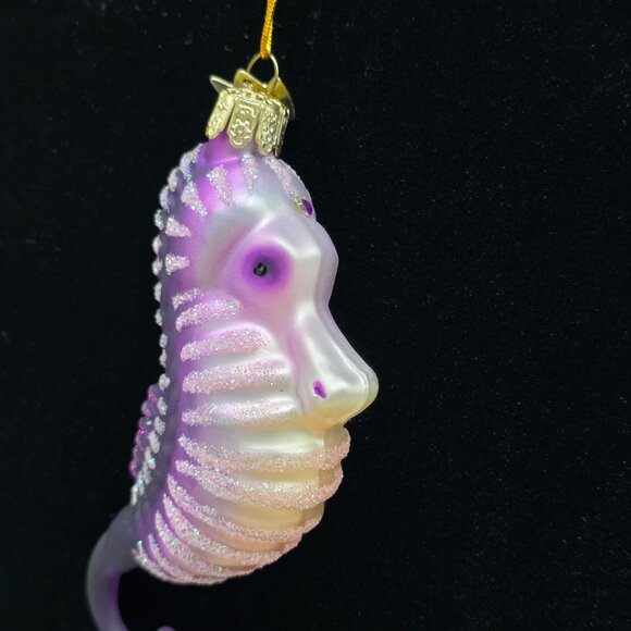 Kurt Adler Seahorse Glass Ornament Purple Glitter Accents & String Hanger 4" - Picture 1 of 8